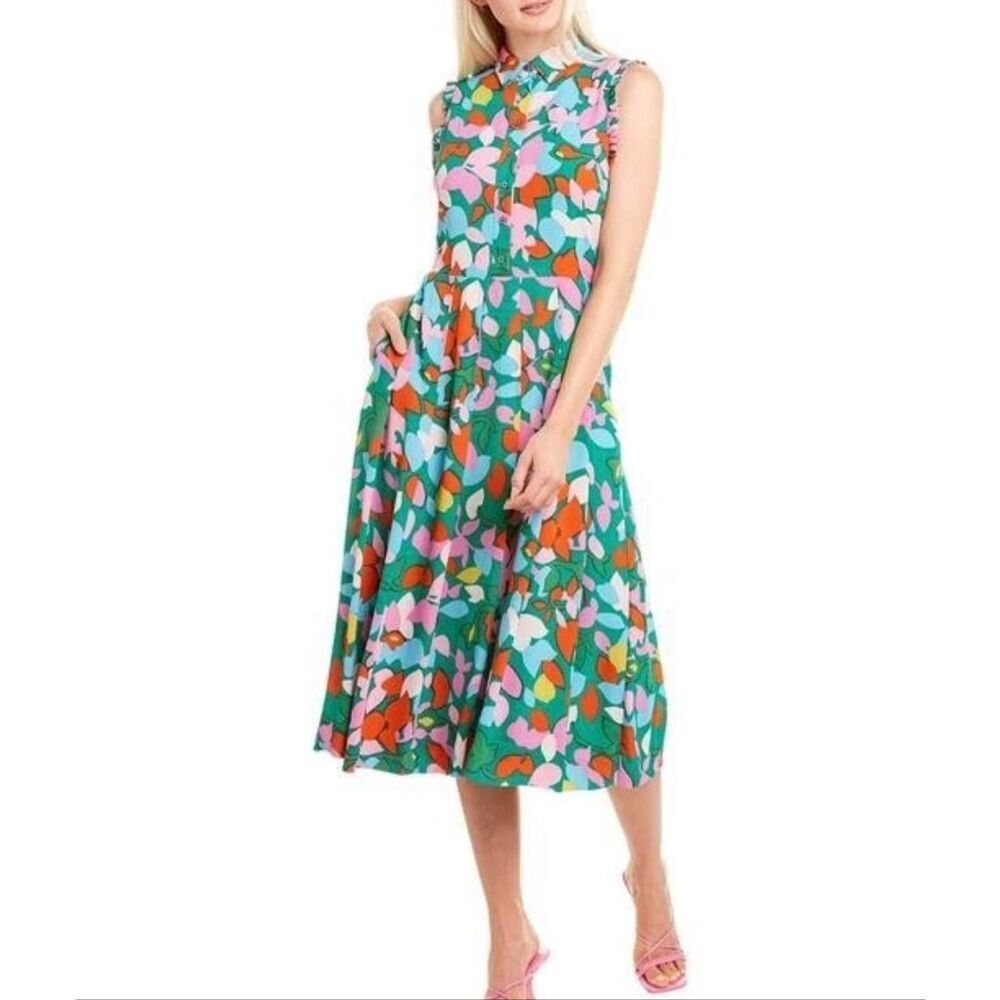 J.Crew Floral Ruffle Trim Sleeveless Midi Shirt Dress Green Pink Size 8 Pockets